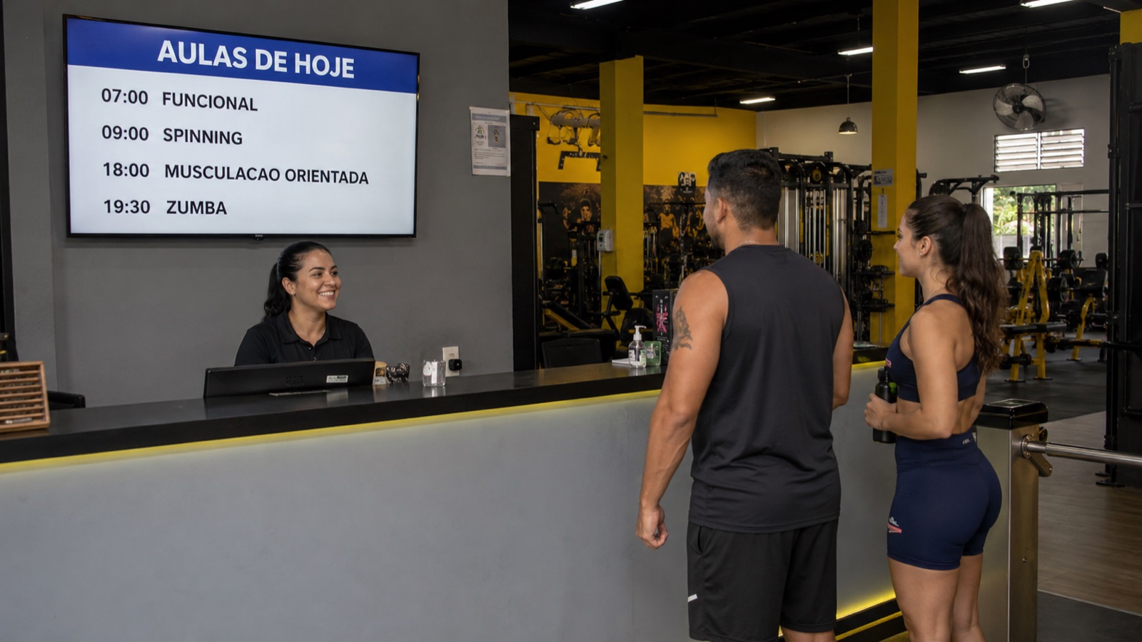 Recepção de academia com TV exibindo a grade de aulas do dia com os horários