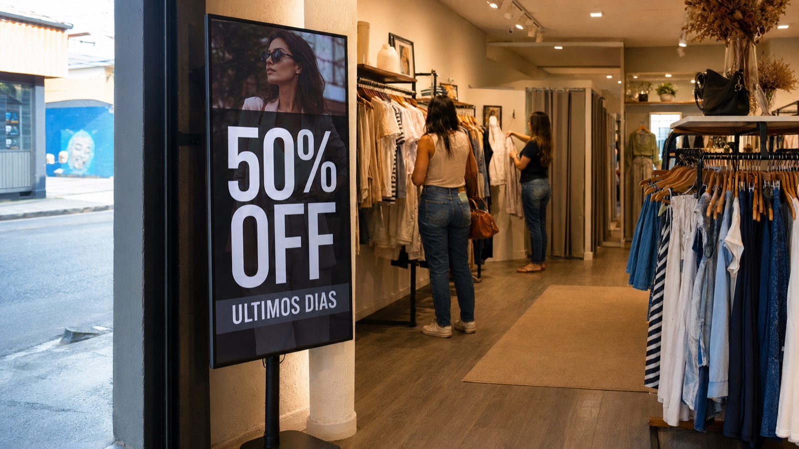 Loja de roupas com TV vertical na entrada anunciando promoção de 50% off