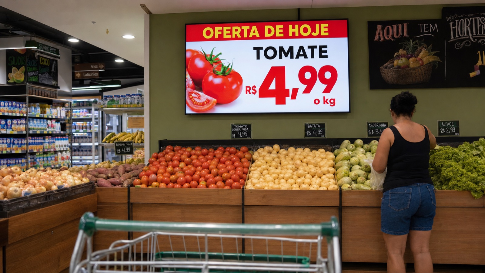 Mercadinho com TV exibindo a oferta do dia de tomate por R$ 4,99 o quilo