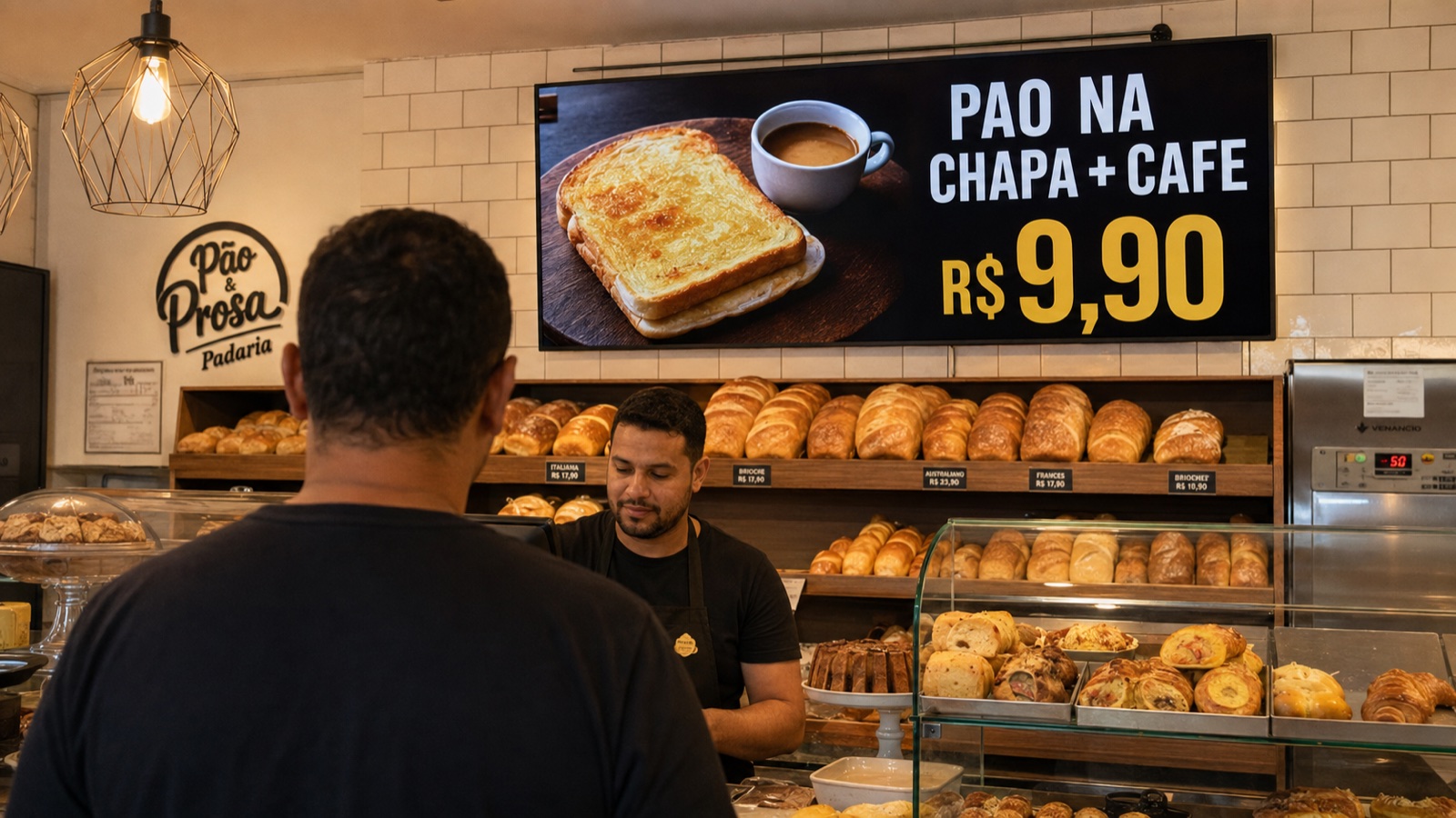 Padaria com TV acima do balcão exibindo o combo de pão na chapa com café por R$ 9,90